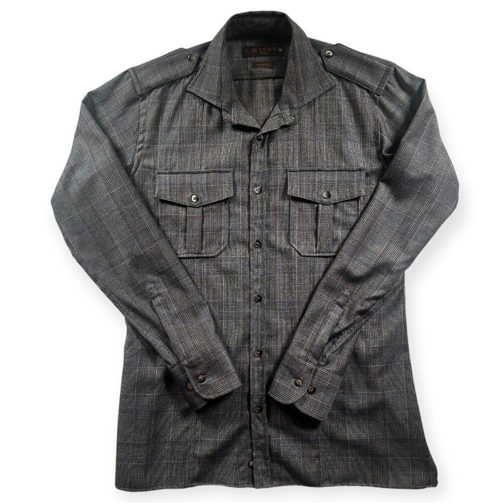 ETRO Milano Made in Italy Slim Fit Shirt Size 38 Lapel's Check Wool Blend‎
